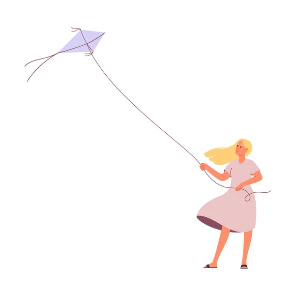 Happy Woman Flying Kite Flat Vector Illustration — Stock Vector