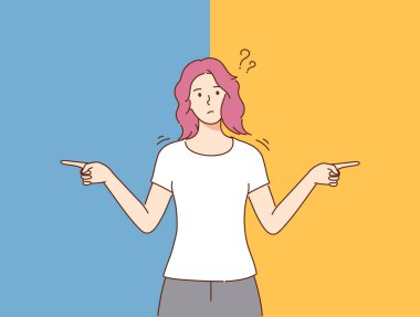 Seçim, düşünme, şüphe, problem. Genç düşünceli, düşünceli, kafası karışmış, kafası karışmış, kafası karışmış, iki renk arasında duran ve diğer tarafları işaret eden seçimler yapan kadın veya kız.