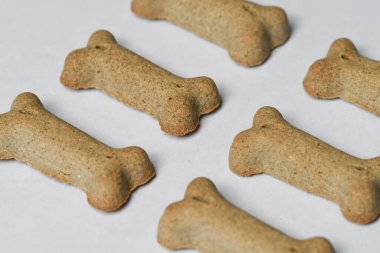 Beyaz arka planda köpek şekeri şekilli kemik fotoğrafı