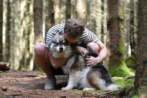 Retrato Homem Abraçando Abraçando Cão Lapphund Finlandês Floresta Floresta — Fotografia de Stock