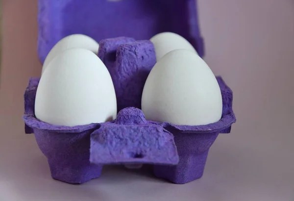 Photo of eggs in a purple carton, preparation for Easter