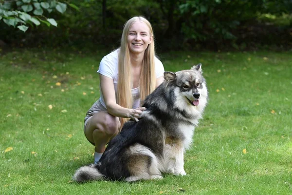 Bir kadının portresi ve arka bahçede birbirine sarılan Fin Lapphund köpeği.