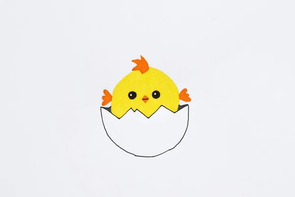 Overhead Drawing Easter Egg Chicken White Paper Background — Photo