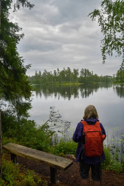 Mulher Por Trás Observando Reflexo Das Árvores Lago — Fotografia de Stock