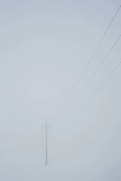 Electricity wires in foggy weather and snow during winter season