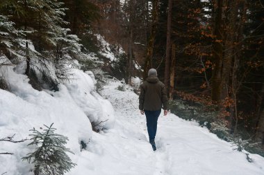 Kar ve kış mevsiminde dağlarda yürüyen bir adam.