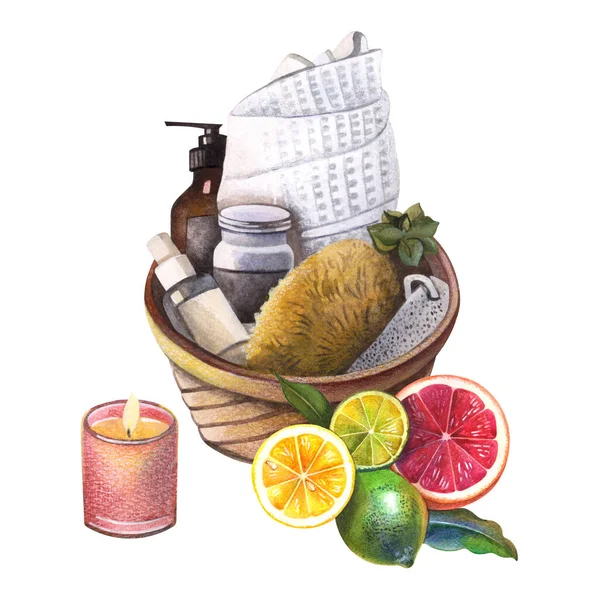 Conceito Spa Hora Banho Acessórios Banho Com Frutas Velas Ilustração — Fotografia de Stock