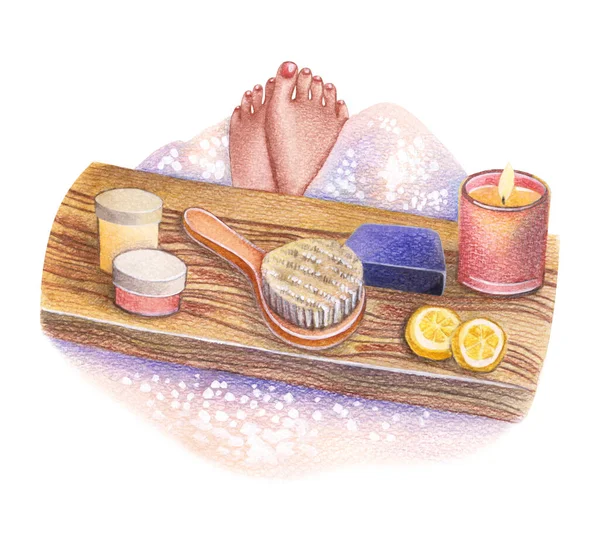 Evde güzellik hizmeti, banyo yap. Spa konsepti. Suluboya el çizimi çizimi
