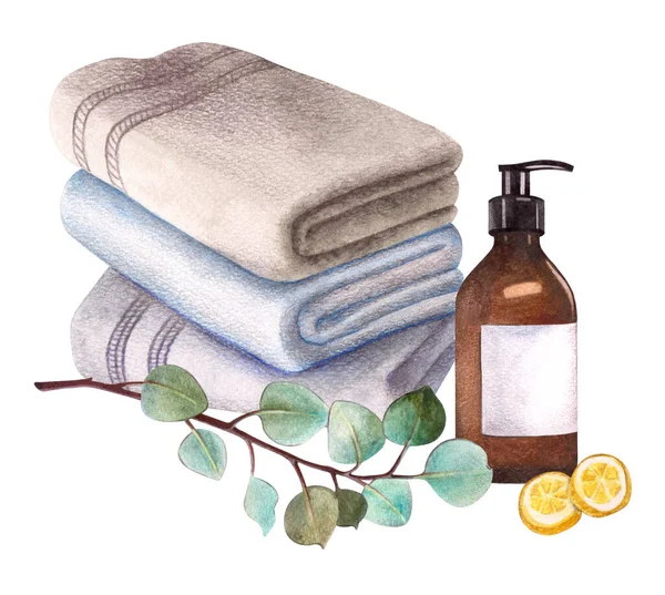 Suluboya spa illüstrasyonu. Banyo zamanı. Banyo aksesuarları, havlular, dal, şişe. Kozmetik, dükkan, kaplıca ve güzellik salonu, organik sağlık ürünleri için el yapımı illüstrasyon
