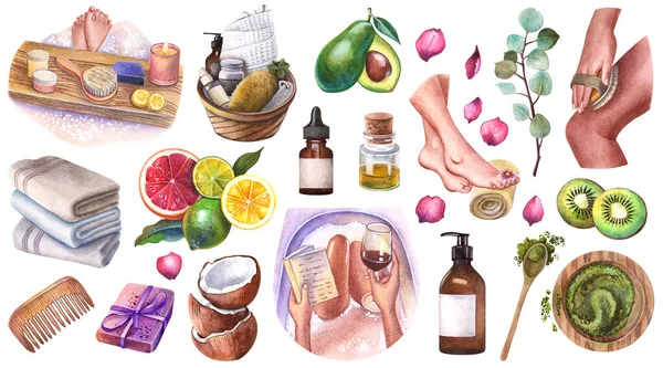 Suluboya SPA seti. Banyo zamanı, spa. Kozmetik, dükkan, kaplıca ve güzellik salonu, organik sağlık ürünleri için çizimler. Logo dizaynı olarak kullanılabilir
