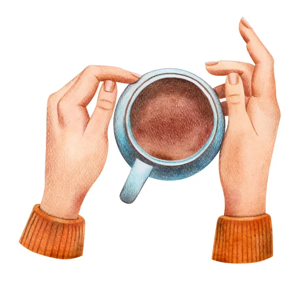 Mãos Femininas Uma Camisola Segurando Uma Xícara Café Ilustração Aquarela — Fotografia de Stock