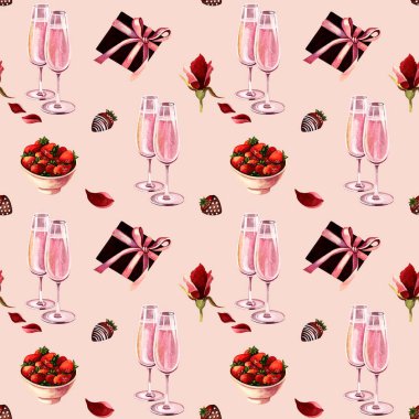 Suluboya kusursuz desen. Şarap bardakları, çilekler, hediye. Paket kağıdı, kartpostal, romantik etkinlik, sevgililer günü için tasarım