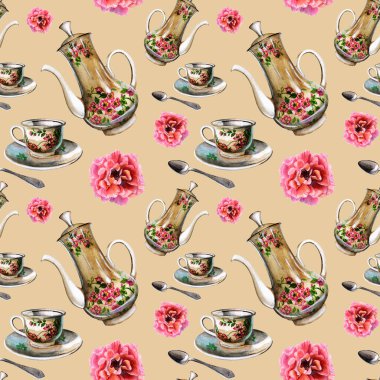 Porselen çaydanlık, fincan, çay kaşığı ve pembe çiçekler. Bej arka planda dikişsiz suluboya desen. Kartpostal tasarımı, menüler, tekstil, ambalaj, dekupaj, hatıra defteri
