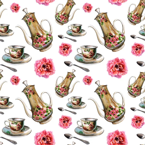 Porselen çaydanlık, fincan, çay kaşığı ve pembe çiçekler. Kartpostallar, menüler, tekstil, ambalaj, dekupaj, hatıra defteri için suluboya deseni