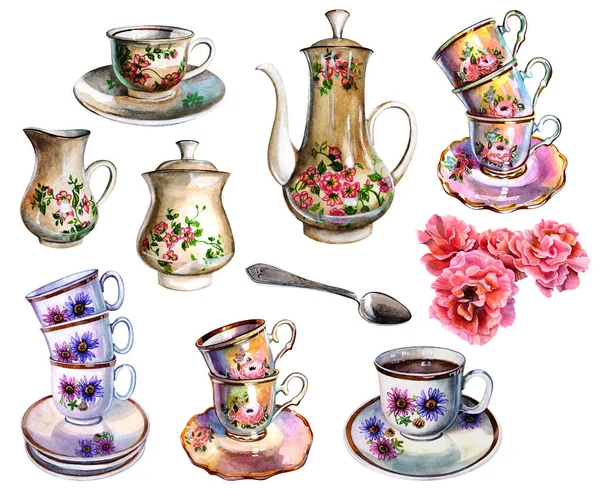 Porselen tabaklar, fincanlar, çay tabakları, çay kaşığı, pembe çiçekler. Menüler, kartpostallar, partiler için tasarım