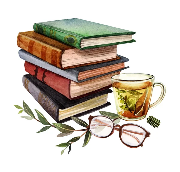 Bir yığın kitap, bir fincan çay ve bardak. Suluboya çizimi. Kitap aşığı, bilgi günü. El çizimi.