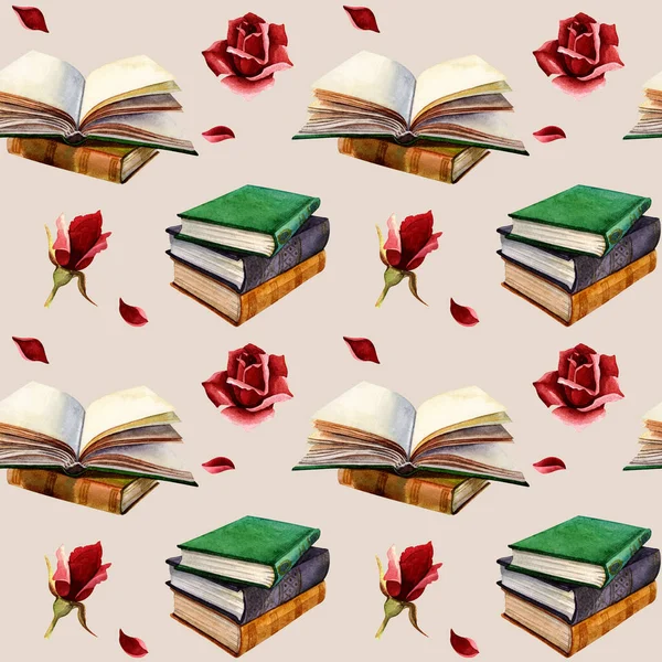 Watercolor seamless pattern with books, roses and petals on a beige background. Design for scrapbooking, wrapping paper, textile prints, wallpaper, backgrounds. Hand-drawn