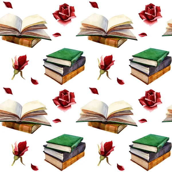 Padrão Sem Costura Aquarela Com Livros Rosas Pétalas Design Para — Fotografia de Stock