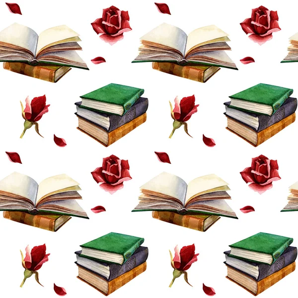 Padrão Sem Costura Aquarela Com Livros Rosas Pétalas Design Para Fotos De Bancos De Imagens