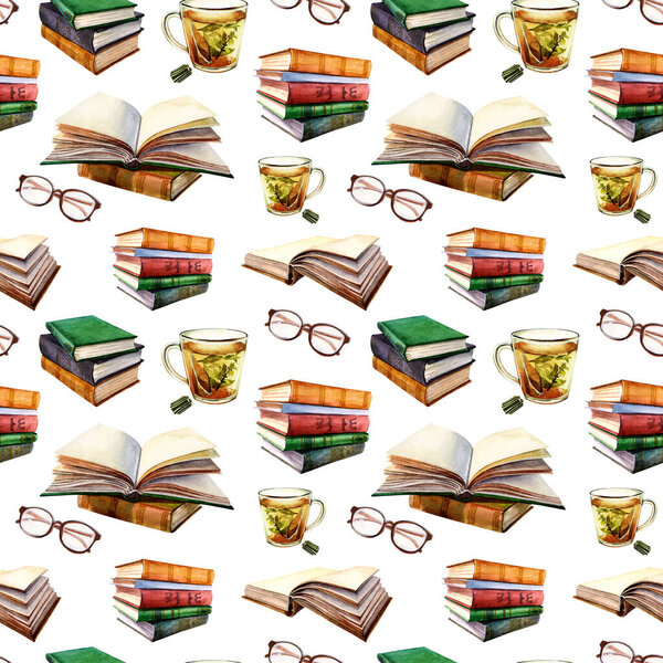 Seamless watercolor pattern with books, glasses, cup of tea. Wrapping paper, packaging, decoupage, scrapbooking, background