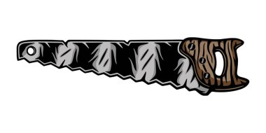 Antika mekanik ahşap işçiliği, tek el testeresi. Amblem, logo, rozet, etiket gibi kullanılabilir. İşaret, poster ya da baskı. Monokrom Grafik Sanatı. Vektör İllüstrasyonu. İşleme biçiminde el çizimi ögesi