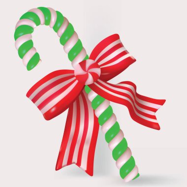 Yayı olan lolipop kamışı, Noel ruhu, bayram için şekerler, Noel sembolü, Noel renklerinde üç renkli lolipop, yeşil, beyaz, kırmızı çizgili lolipop