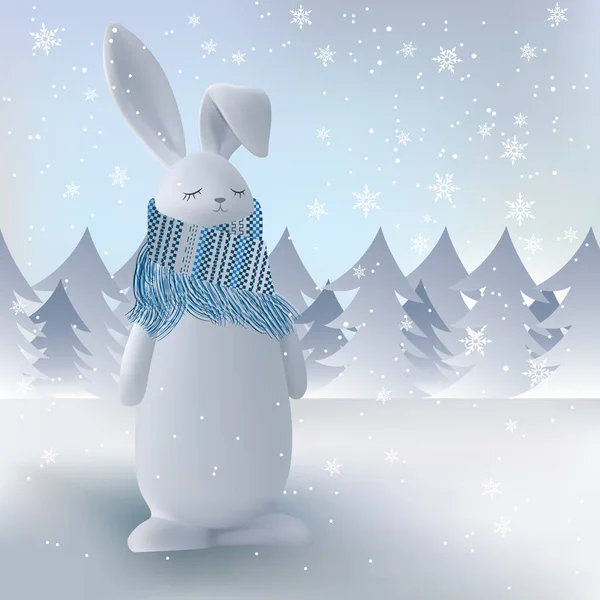 Заяц Зайка Шарфе Фоне Снежного Леса Снежинками Зимний Рисунок Красивого — стоковый вектор