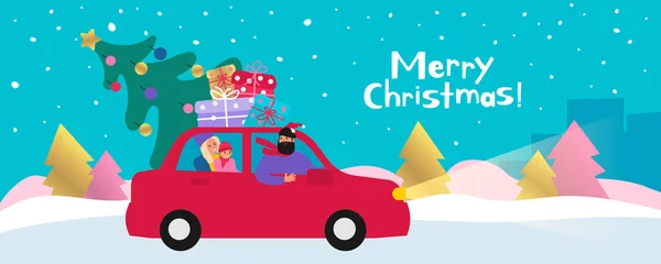 Mutlu noel sahneleri Mutlu aile kırmızı bir araba sürüyor ladin ağacı ve hediye kutuları illüstrasyonu