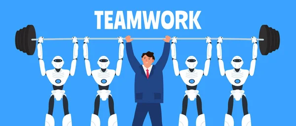 Man Robots Humanoid Lifting Barbell Together Teamwork Concept Vector Illustration — Stock Vector