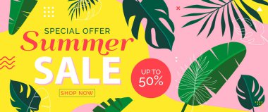 Tropikal yapraklar ve geometrik şekiller vektör illüstrasyonlu yaz indirimi web pankartı tasarımı