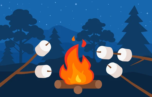 Pečení Marshmallow Tyčinky Nad Táborák Noc Les Táboření Vektorové Ilustrace — Stockový vektor