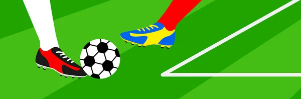 Campeonato Fútbol Futbolistas Piernas Patear Pelota Campo Fondo Vector Ilustración — Vector de stock