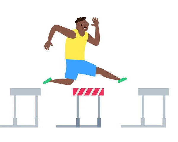 African American Runner Athlete Jumping Barrier Sport Game Competition Vector — Stok Vektör
