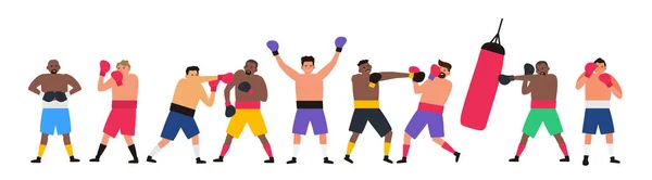 Boxing Men Boxers Various Poses Set Vector Illustration White Background — стоковый вектор
