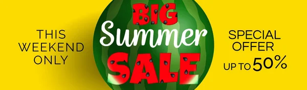 Summer Sale Horizontal Web Banner Design Watermelon Yellow Background — Vector de stock