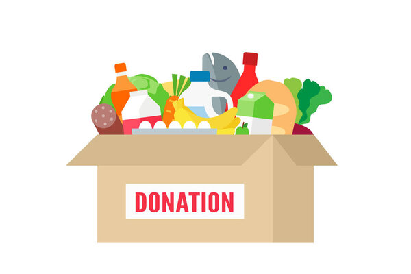 food donation box with drocery products vector illustration