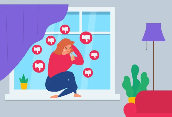 Sad Crying Woman Sitting Home Smartphone Dislike Messages Social Media — Stockvector