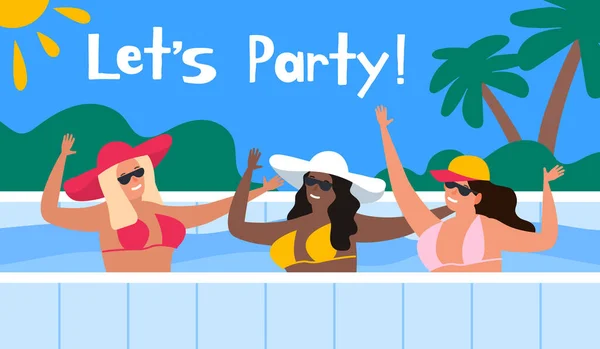 Three Women Having Fun Swimming Pool Let Party Summer Vacation — Vetor de Stock