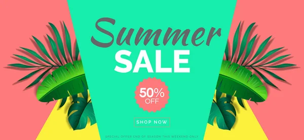 Summer Sale Special Offer Banner Design Tropical Leaves Geometric Background — Stock Vector