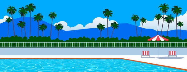 yüzme havuzu tropikal tatil beldesi dinlenme yerleri ve şemsiye yaz tatili açık hava vektör illüstrasyonu