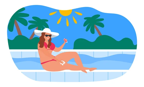 Žena Nanášení Opalovací Krém Ochrana Pokožky Siiting Blízkosti Bazénu Letní — Stockový vektor