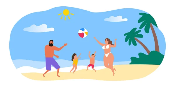 Feliz Família Jogar Bola Praia Verão Férias Vetor Ilustração — Vetor de Stock