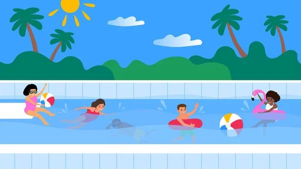 Crianças Multirraciais Divertindo Piscina Verão Férias Vetor Ilustração — Vetor de Stock