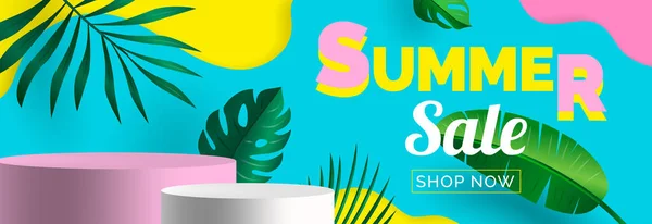 Design Banner Criativo Venda Verão Com Folhas Tropicais Pódios Exibição —  Vetores de Stock