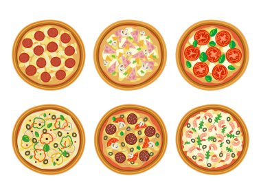 Beyaz arkaplanda çeşitli pizza koleksiyonu