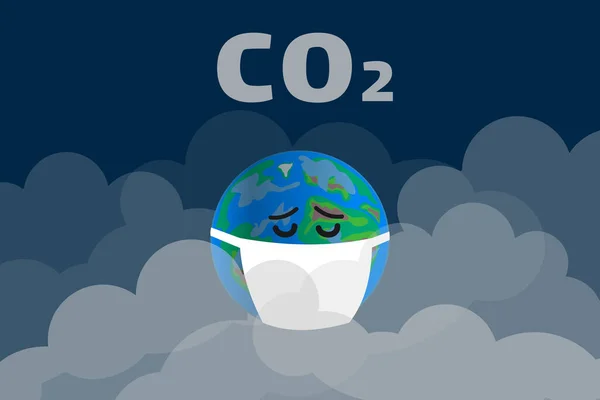 Dünya gezegeni duman bulutu ekoloji kavramında koruyucu maske takıyor.