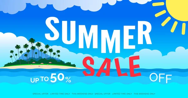 Verano Venta Banner Diseño Con Paisaje Tropical Isla Palmeras Océano — Vector de stock