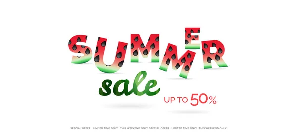 夏季销售印有西瓜白色背景字母的水平横幅 — 图库矢量图片
