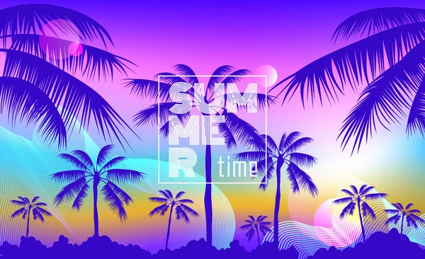 Zomer Futuristische Banner Ontwerp Met Palmbomen Zonsondergang Achtergrond Abstracte Golflijnen — Stockvector