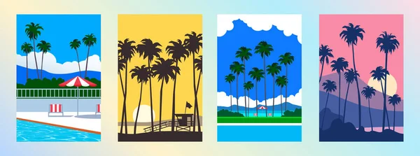 Summer Vacation Posters Set Palm Trees Beach Ocean Swimming Pool — Image vectorielle